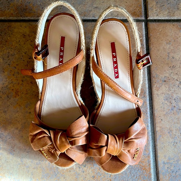 Prada Shoes - Prada Tan Leather Espadrille Wedge